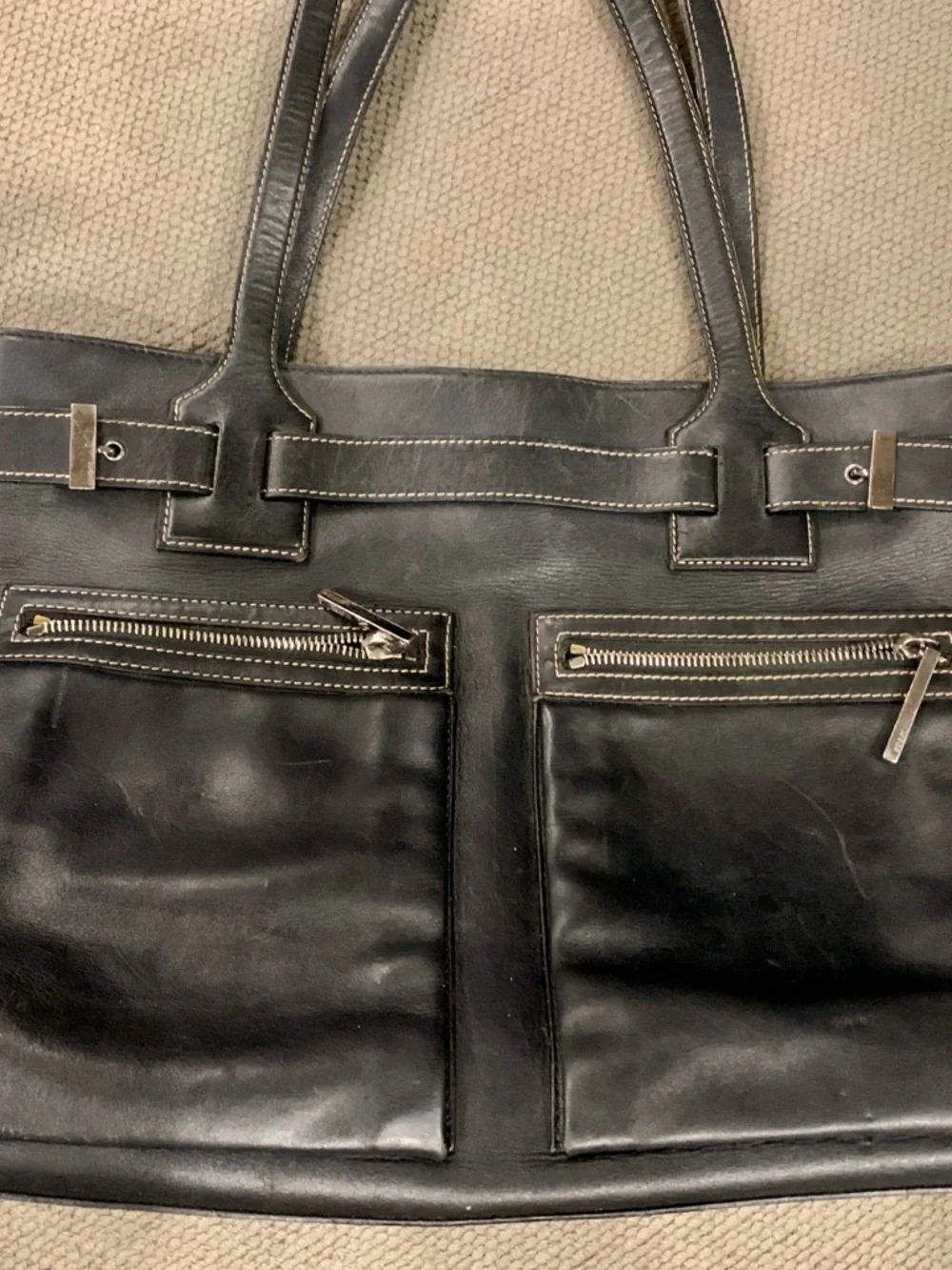 Vintage Gucci Large Soft, Black, Leather Tote with Front Zip Pockets.